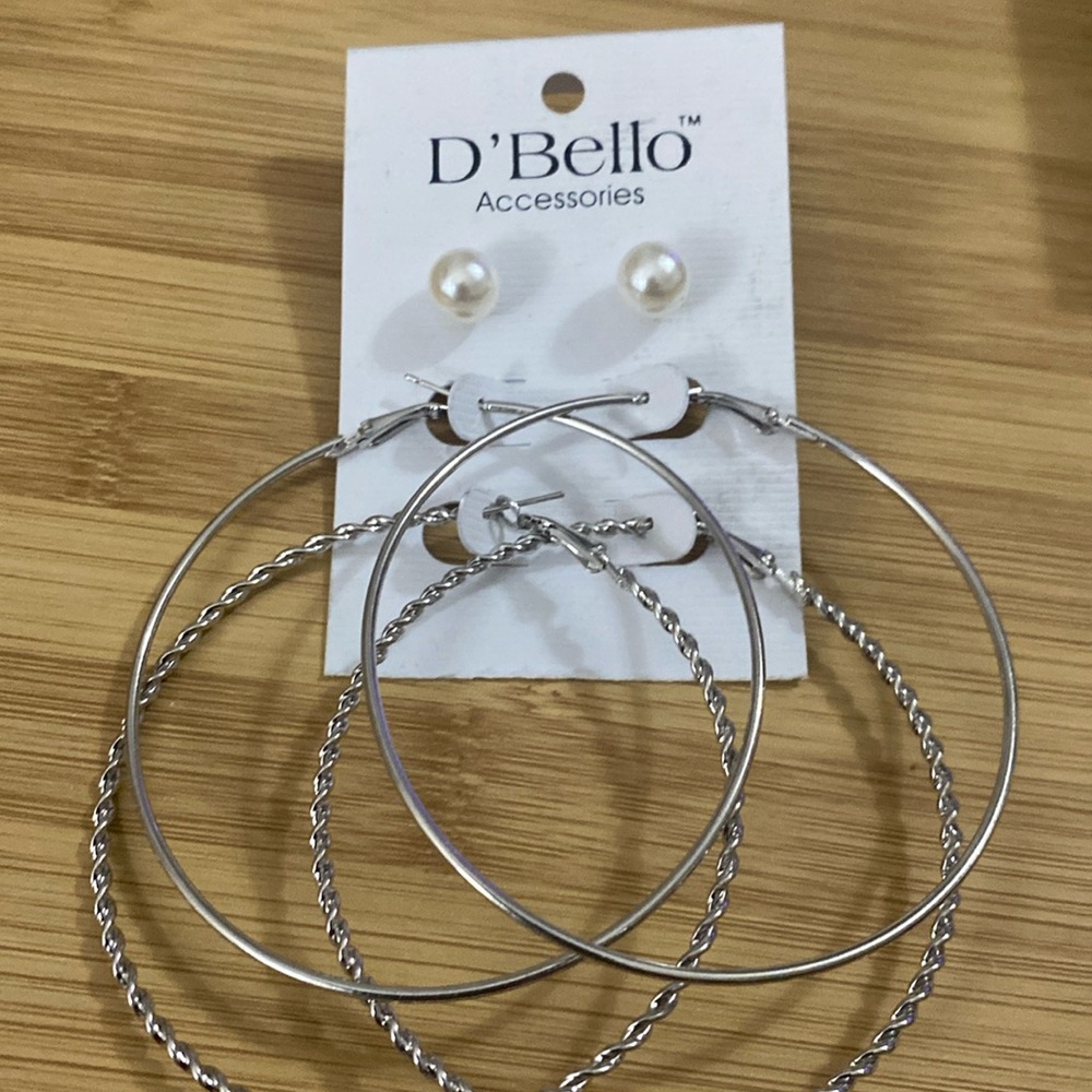 D’Bello accessories. Three pairs of fashion earrings.2 hoops, 1 post